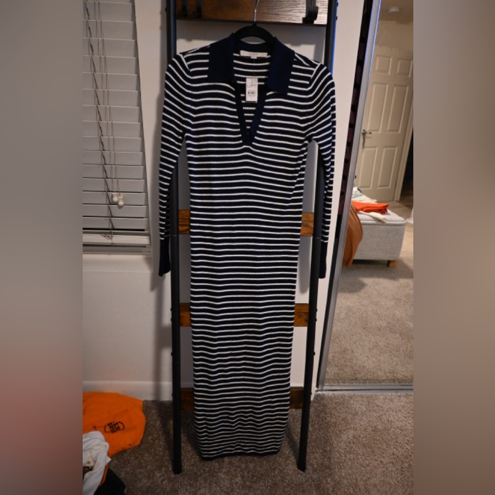 LOFT Navy and White Striped Long Sleeve Dress